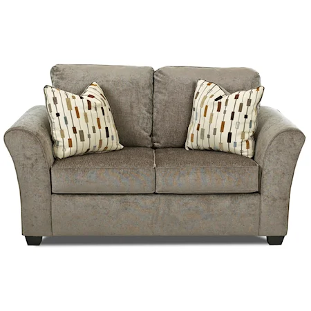 Transitional Loveseat with Flair Arms and Exposed Wood Feet